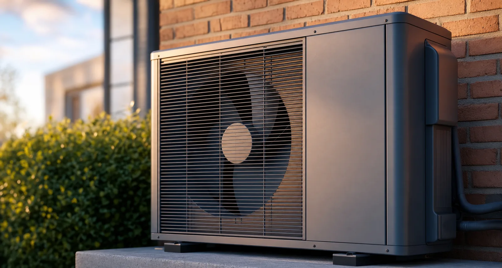 Close-up of a modern outdoor heat-pump condenser installed on a concrete pad against a brick wall