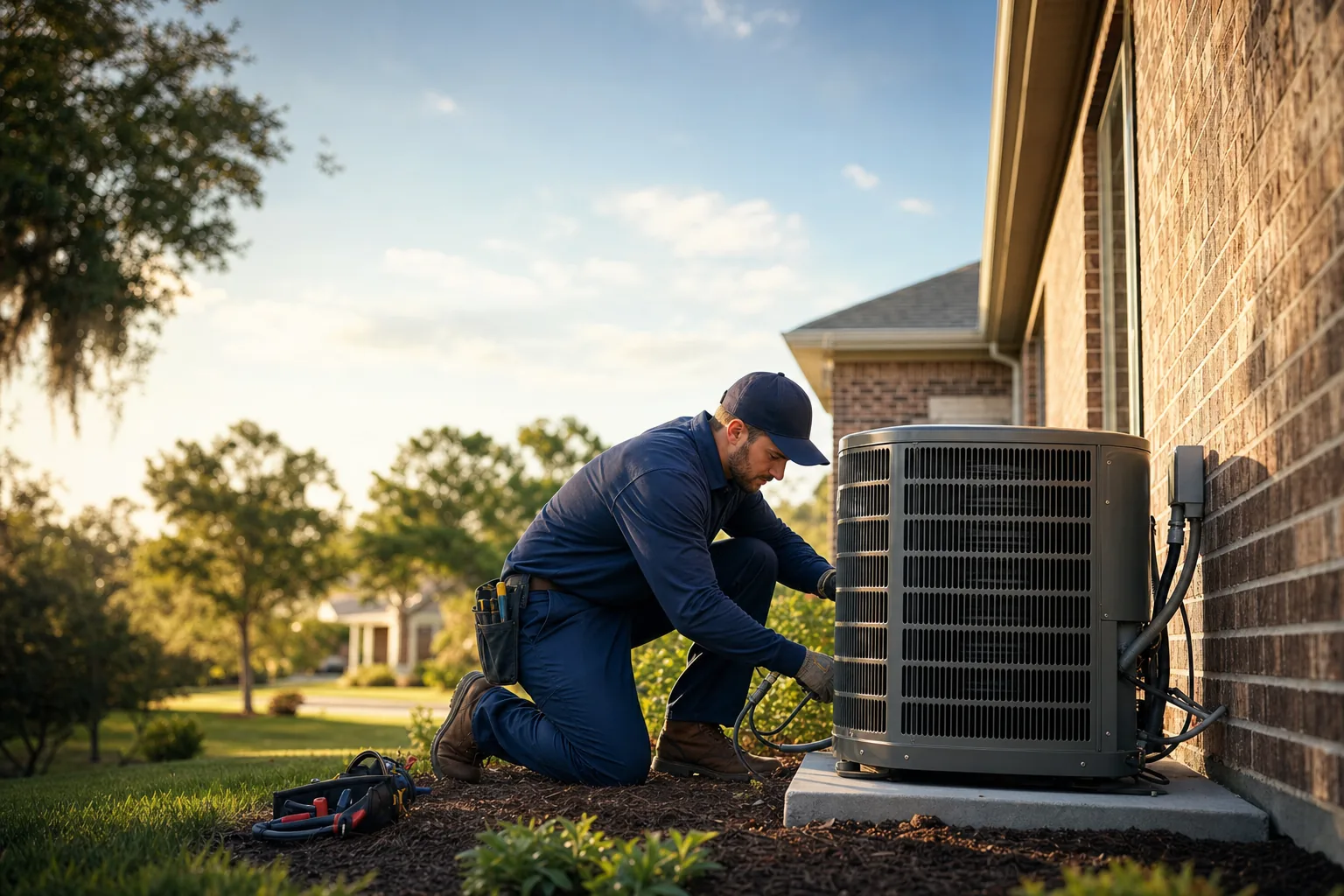Conlon Heating & Cooling technician servicing an outdoor air-conditioning condenser at a home