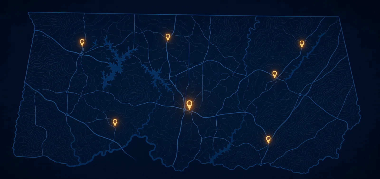 Stylized navy map of North Alabama with orange pins marking Madison, Huntsville, Athens and surrounding communities served